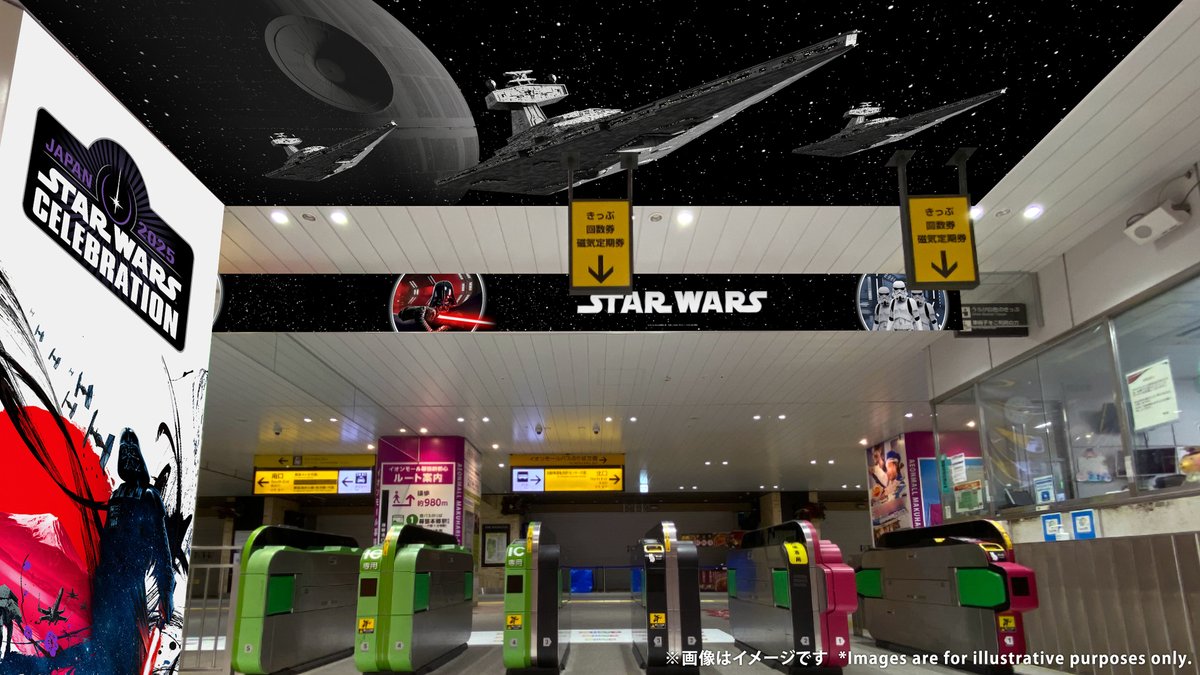 starwarsjapan's tweet photo. #SWCJ 開催記念🎉
JR東日本／海浜幕張駅改札が
#スターウォーズ の銀河に染まる！
【本日(4/15)より4/21まで】
*English below

Welcome to Celebrationのメッセージと共に
世界中のゲストを海浜幕張駅からお出迎え✨

SWCJ開催期間中は、駅構内特別アナウンスも！？

※駅及び駅係員へのお問い合わせはご遠慮ください。
※画像はイメージです。
※広告をご覧になる際は、他のお客様のご迷惑とならないよう十分にご配慮ください。

Star Wars Galaxy takes over the ticket gates at JR East Kaihin Makuhari Station!
Welcoming guests from all over the world at Station with the message "Welcome to Celebration"✨
During the event period（April 18-20）, you may hear special announements at the gates?!

*Please refrain from contacting the station or station staff.
*Images are for illustrative purposes only. 
*When viewing advertisements, please be considerate of other customers.