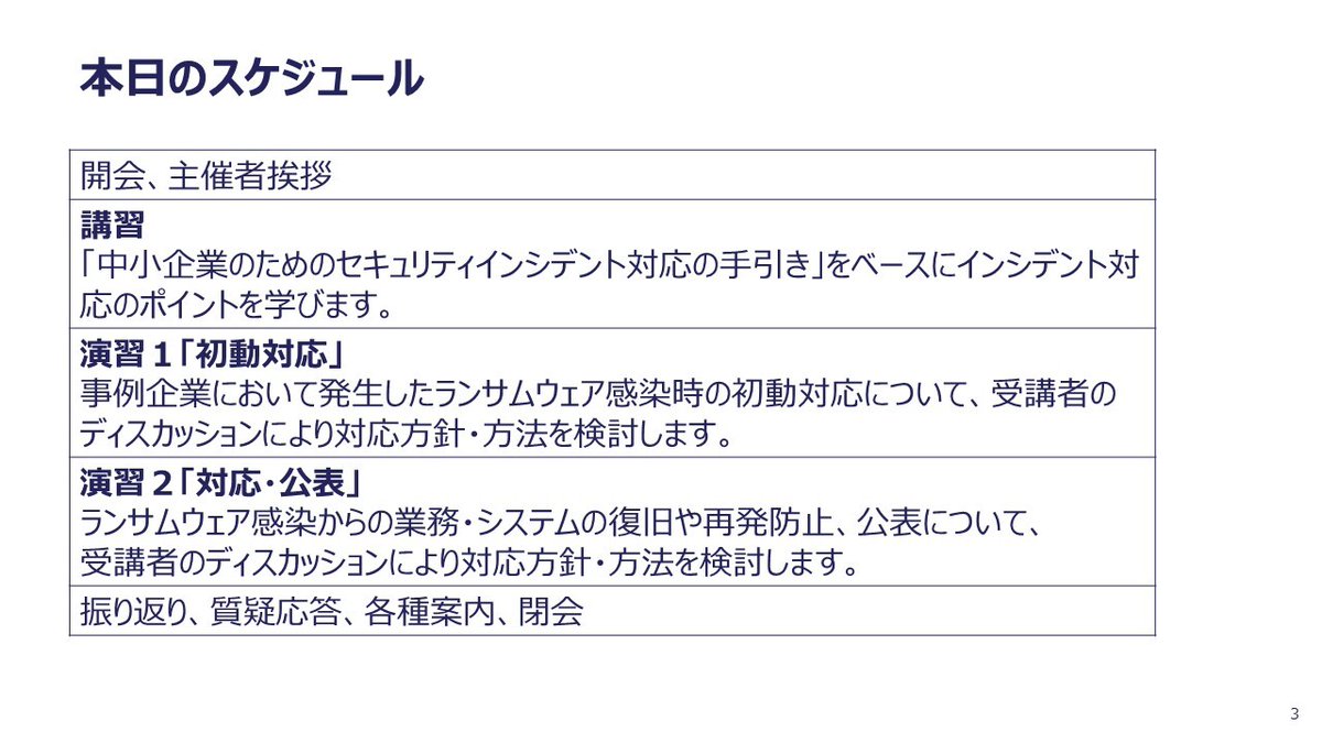 IPAjp's tweet photo. 「セキュリティインシデント対応机上演習教材」を公開しました。一般企業向けと医療機関向けの2種類があり、対応の流れを学ぶ座学パートとランサムウェア感染に対してグループディスカッションで対応方針等を検討する演習パートでそれぞれ構成。
セミナー等にご活用ください！
https://t.co/azjouOHJcK https://t.co/XqlRfDnkkh