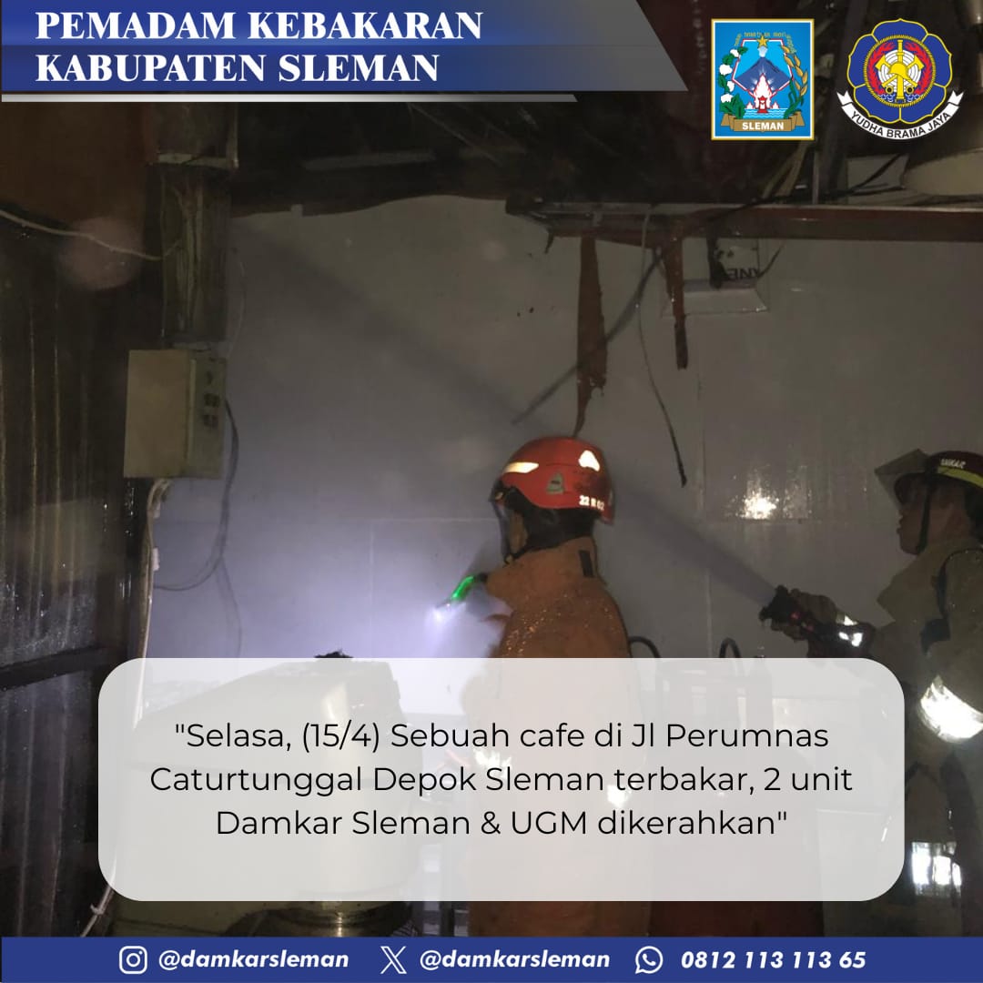 damkarsleman's tweet photo. Selasa 15 April 2025, Pemadaman Kebakaran di Kampung lawasan cafe&amp;resto, Tempel, Caturtunggal, Depok, Kab. Sleman. dengan obyek terbakar Cafe&amp;resto, Damkar sleman mengerahkan 1 unit armada dan dibantu 1 unit Damkar UGM, api dapat dipadamkan setelah 30 menit pemadaman. https://t.co/ycB2Mbwvbh