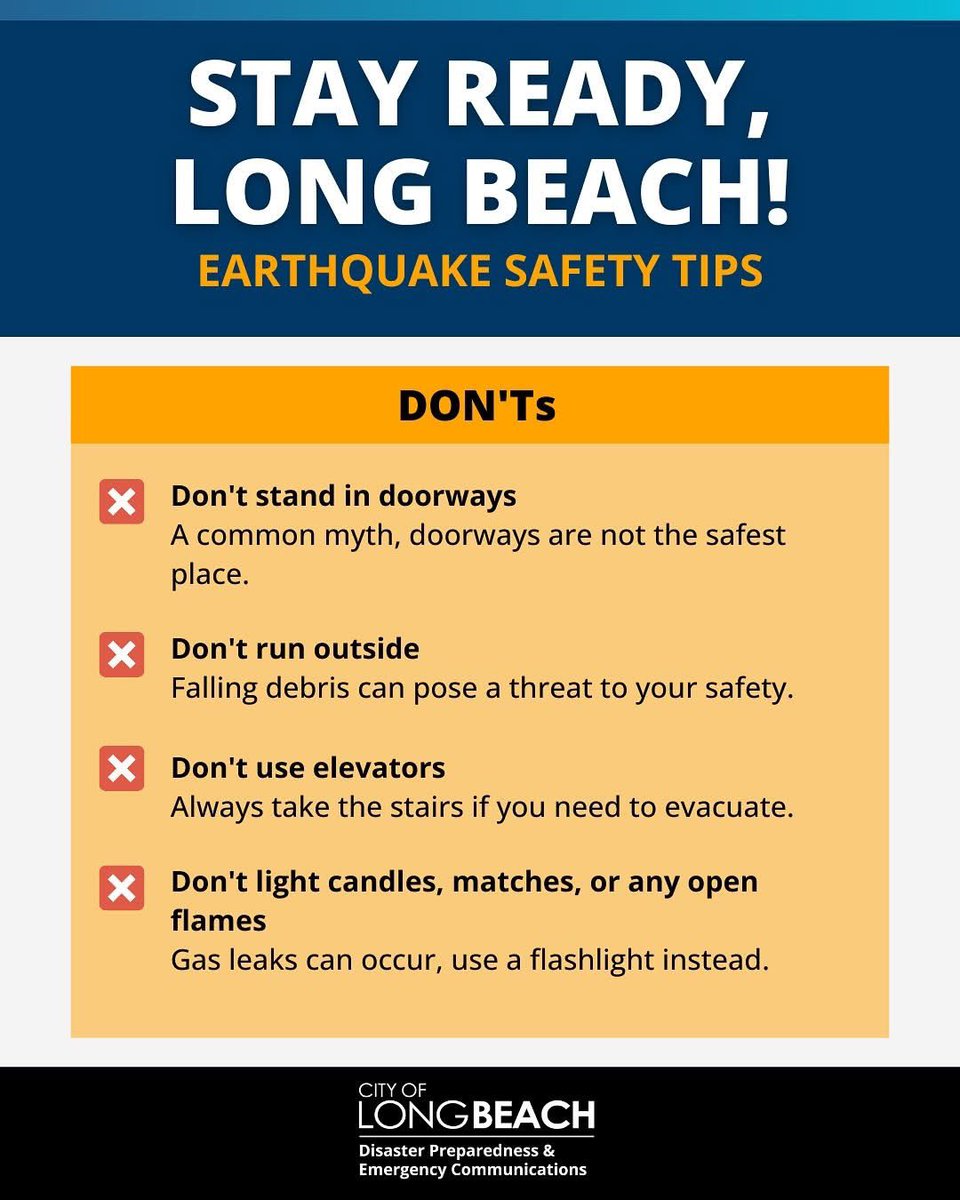 Earthquakes can strike without warning—Let’s be #PreparedNotScared! Sign Up for Alerts! Get real-time updates by signing up for 🔔 Alert LB at: longbeach.gov/alertlb
 
⏳🔎 Take a moment to review these earthquake safety tips ⬇️