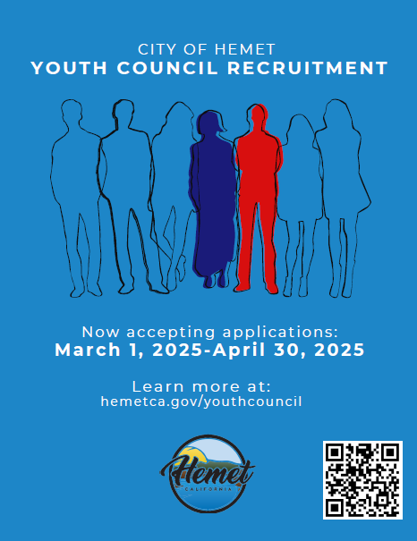 🚨 HUSD Students! The City of Hemet is launching a Youth Council, and they want YOU to get involved!  If you're 13-19 and passionate about making a difference, apply now!  📅 Deadline: April 30, 2025 📍 Open to students in Hemet or HUSD 🔗 Apply: hemetca.gov/youthcouncil