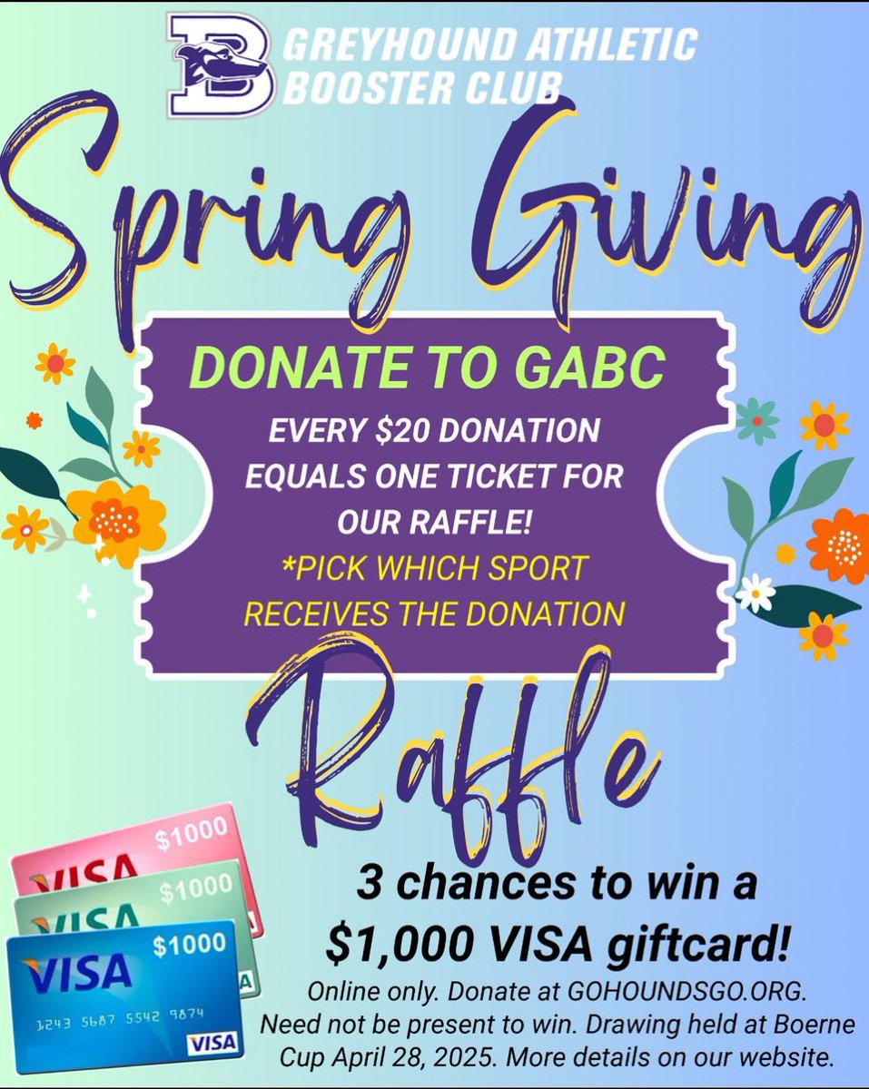 Buy a raffle ticket, support GABC and Greyhound Girls Basketball!!

Raffle is for 3 - $1000 visa gift cards. Drawing will be at the Boerne Cup, you don’t have to be present to win

Select Girl’s Basketball  when signing up at GoHoundsGo.org 

Go Hounds!