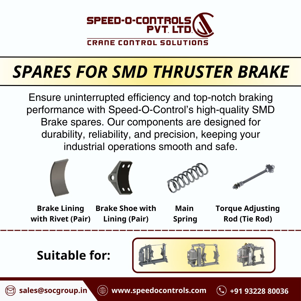 SpeedOControls's tweet image. Speed-O-Control offers premium SMD brake spares for lasting performance: high-wear resistant linings with rivets, optimal-grip brake shoes, reliable main springs, and precise torque-adjusting rods. Upgrade for smooth, safe industrial operations! #SpeedOControl #SMDBrake