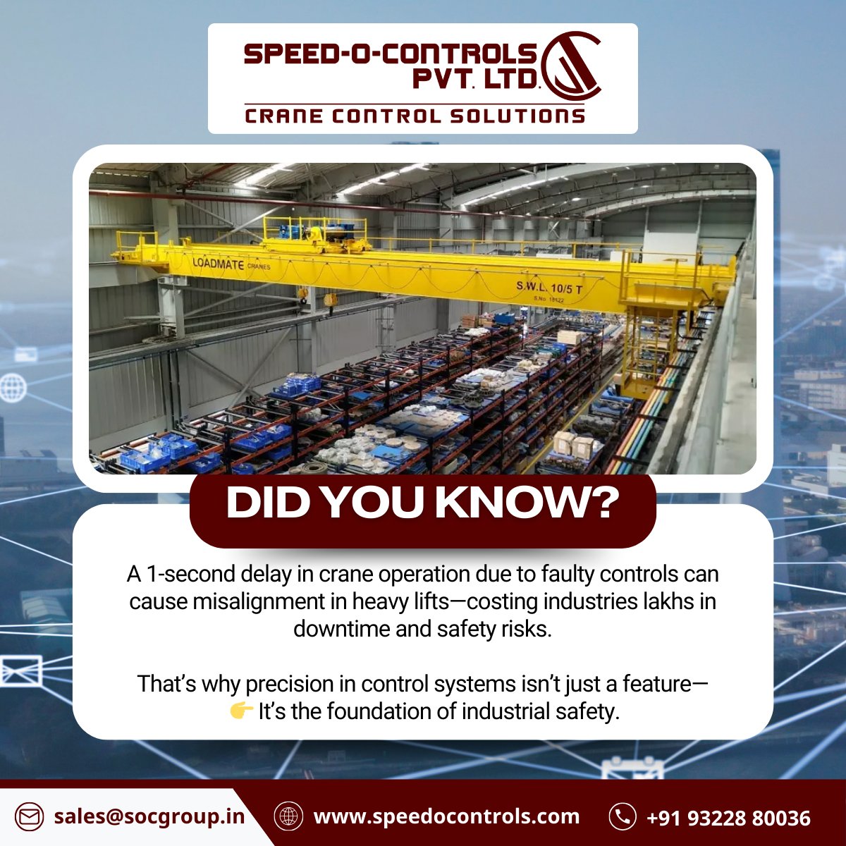 SpeedOControls's tweet image. Did you know?
A 1-second crane delay from faulty controls risks costly downtime and safety? Precision is foundational. SOC, with 43+ years and 3800+ installations, engineers accurate, durable, and reliable control systems for industrial safety. 
#SpeedOControl #IndustrialSafety