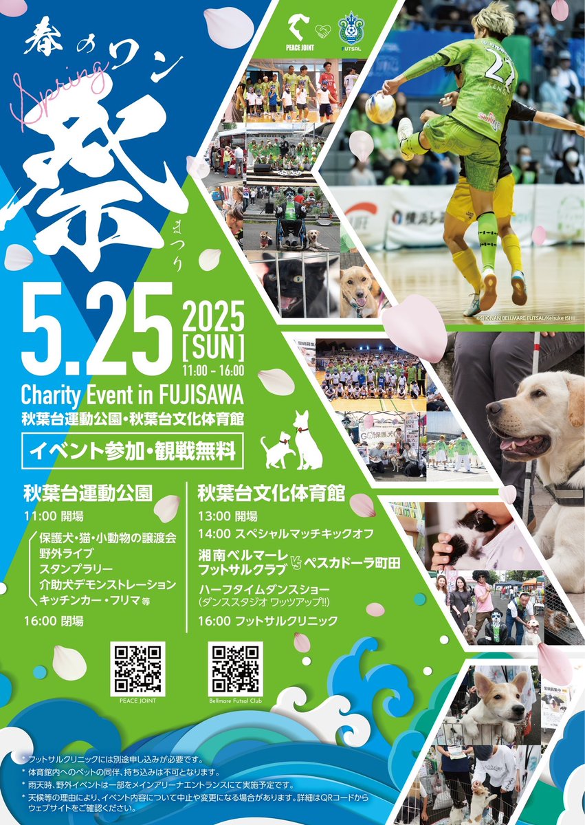 SBFC_OFFICIAL's tweet photo. 5/25(日)湘南ベルマーレフットサルクラブ2025in秋葉台
🐶🐱"春のワン祭り"🐱🐶
⚽️SPマッチvsペスカドーラ町田⚽️
開催決定‼️@秋葉台文化体育館
11時場外イベントスタート🐕🐈
14時K.O 湘南vs町田
試合後にはフットサルクリニックも開催⚽️
エスコートドッグ?!キッズも募集👦👧
@akibadai2000_1
たくさんのご来場お待ちしています!
🔗 https://t.co/ardjEaED7l
#bellmare_F
#peacejoint