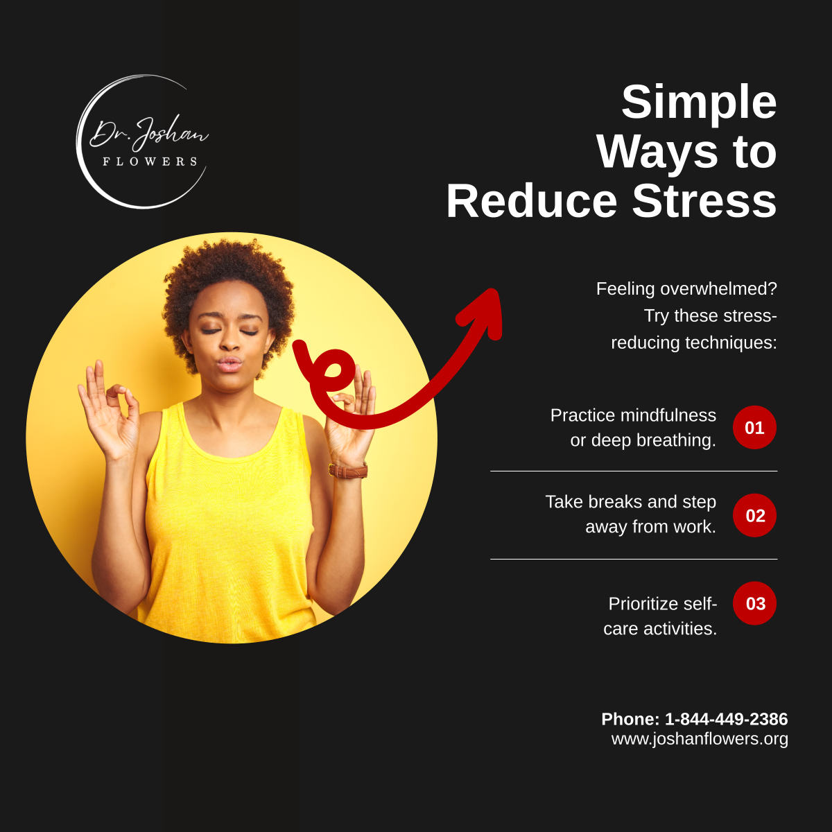 DrJoshanFlowers's tweet image. Managing stress is key to well-being. Incorporate simple self-care practices into your routine to maintain balance.

#FortWashingtonMD #BusinessConsultingAndPersonalDevelopmentCoach #StressRelief