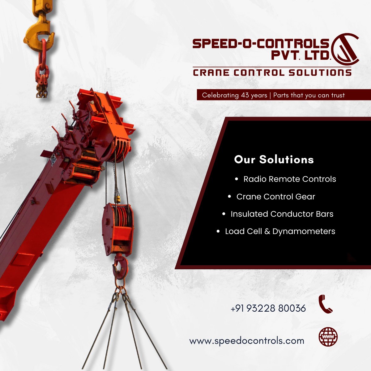 SpeedOControls's tweet image. For 43+ years, SOC has empowered industry with trusted crane control solutions, ensuring safe and smart operations. Our range includes radio remote controls, control gear, conductor bars, and load cells. Connect with us today! 
#SpeedOControl #CraneControlSolutions