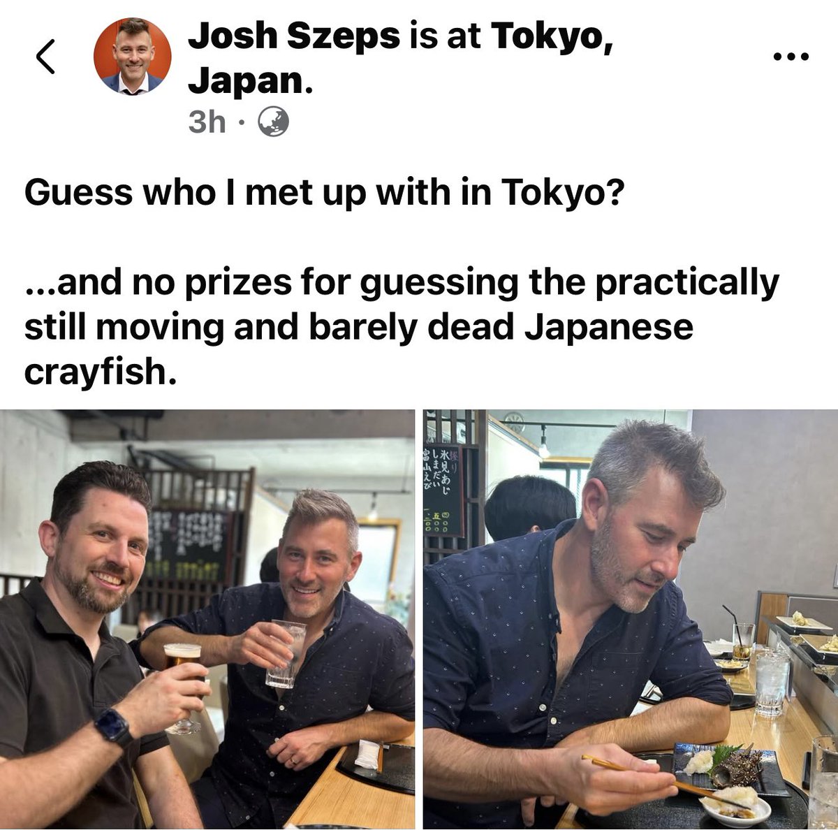 22thinkinggirl's tweet photo. @Kate3015 Do you think it’s the same bloke award winning podcaster Josh Szeps is dining with in Japan?
#Cash4Comment #Teals #AusVotes2025 https://t.co/0MWrpTSTAi