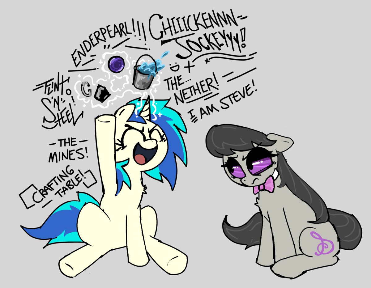 WishingScarf's tweet photo. FLINT AND STEEL ENDERPEARL CHICKEN JOCKEY THE MINES CRAFTING TABLE I AM STEVE LETS MINECRAFT!!!
Vinyl won't shut up until Octavia agrees to play minecraft with her https://t.co/IACJta1KID