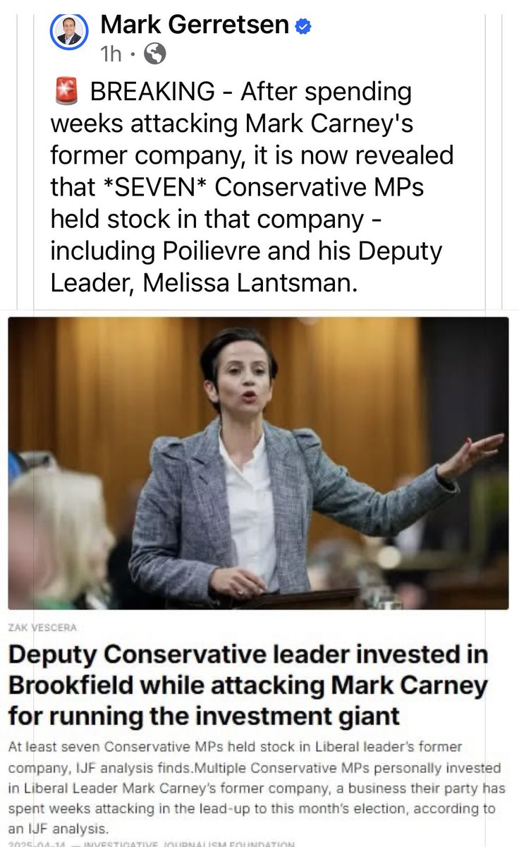 terry_truchan's tweet image. After spending the last couple of weeks trying to demonize Mark Carney &amp;amp; Brookfield, it turns out that 7 @CPC_HQ MPs INCLUDING @PierrePoilievre have investments with Brookfield.
I can’t wait to see how they spin this one!
#cdnpoli #cdnpolitics