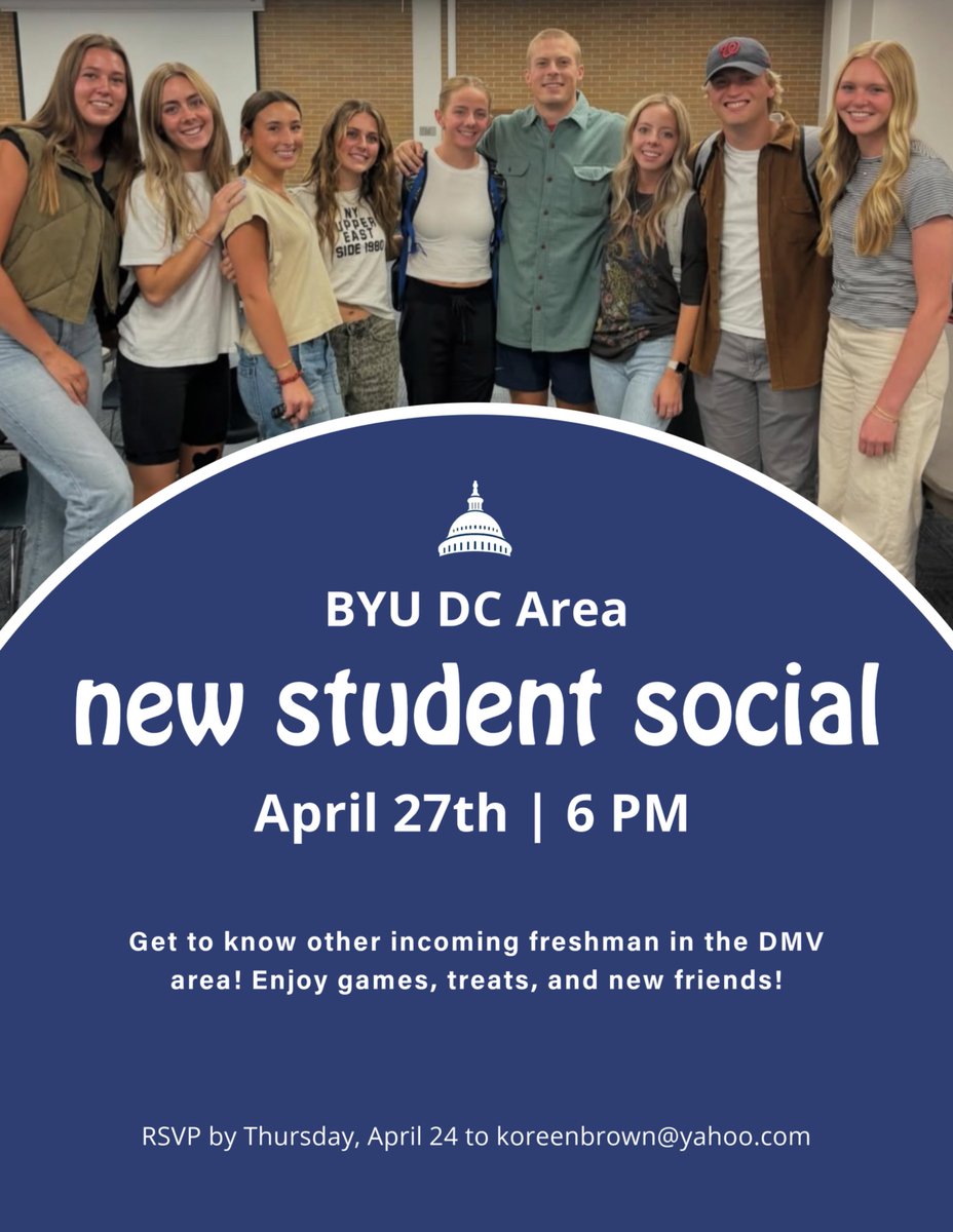BYUALUMNIDC's tweet photo. Two weeks until our New Student Social! Come meet other DMV friends who will be heading to BYU with you this year! #byu #newstudents #byudcalumni #gocourgars https://t.co/qzxSHTjMyo