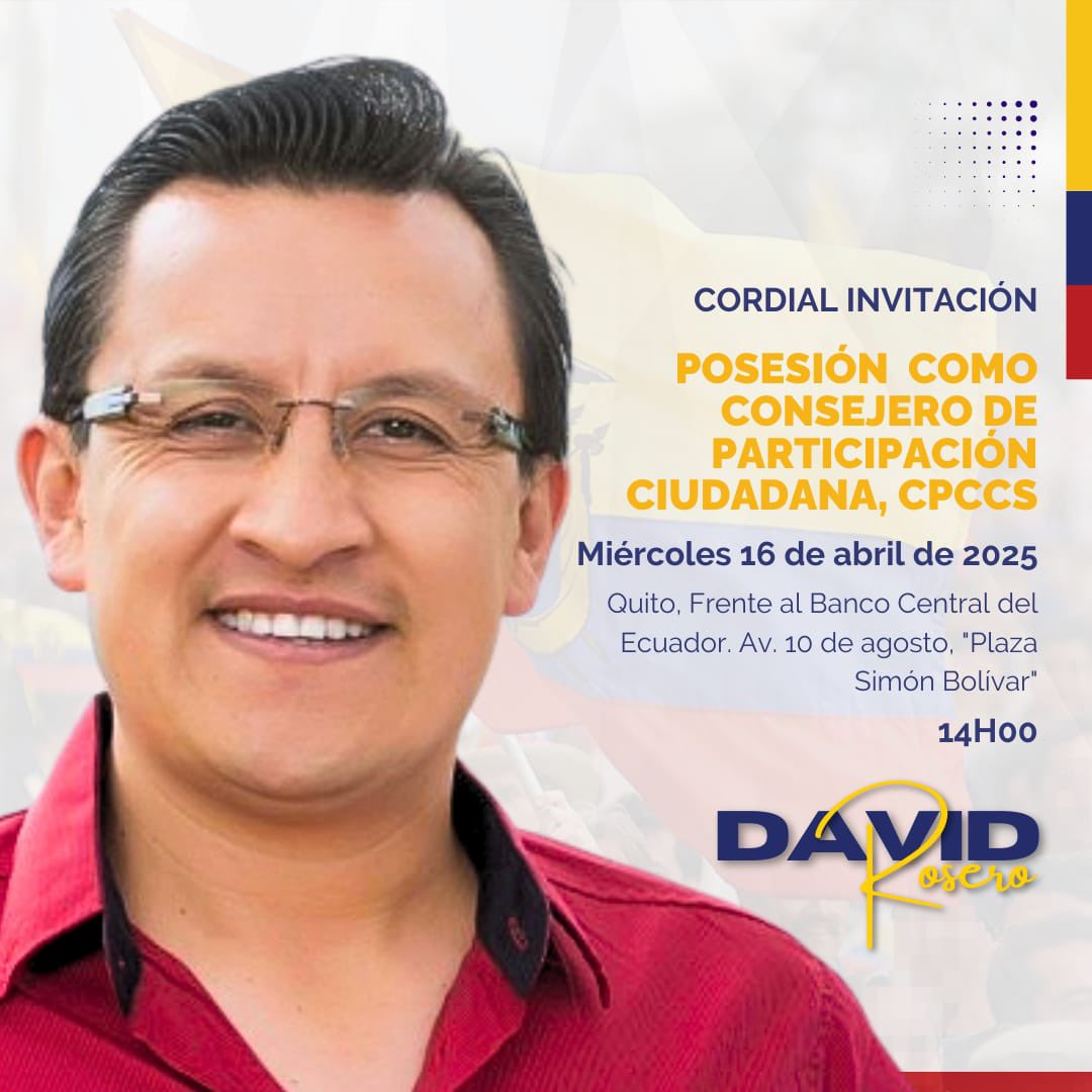 manutorres2305t's tweet photo. CORDIAL INVITACIÓN:

Posesión como Consejero de Participación Ciudadana. 
* Miércoles, 16 de abril, 
* 14:00
* Quito, frente al Banco Central del Ecuador, Av. 10 de Agosto. Plaza "Simón Bolivar" https://t.co/IOcYavE2mv