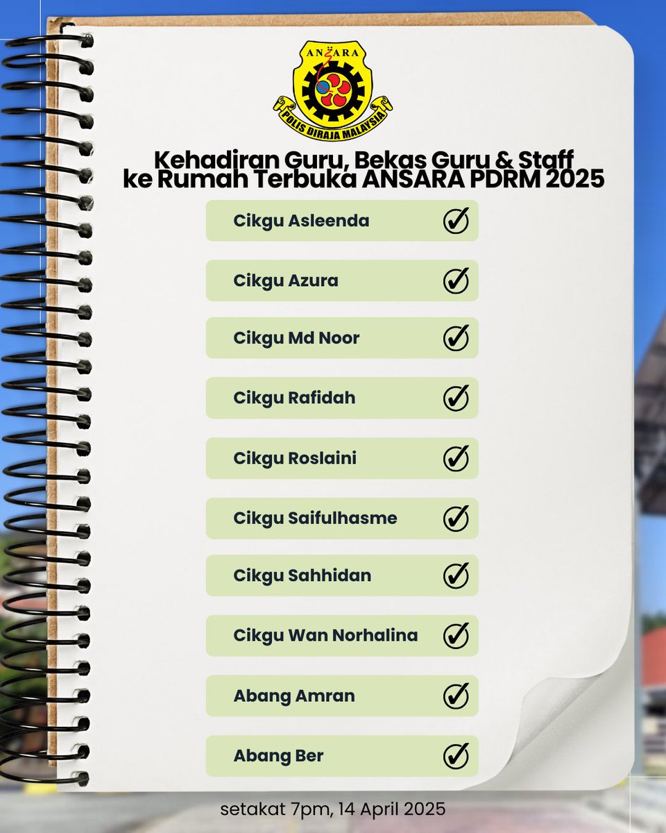 ansarapdrm's tweet photo. Kehadiran Guru &amp; Kakitangan MRSM PDRM ke Rumah Terbuka ANSARA PDRM 2025 (setakat 7PM, 14 April 2025)

Jom kita semarakkan suasana Raya dengan kehadiran guru-guru tersayang dan kakitangan yang pernah mendidik serta bersama kita di MRSM PDRM! https://t.co/MNkQTqqOfL