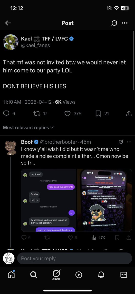 Beware0fFur's tweet photo. Taz having an AD as a minor and lying about their age
Kael having a close relationship with their scammer maker amon
And Boof Being Boof
So in my opinion for the TFF room party thing, EVERYONE SUCKS! 🥳🎉 https://t.co/SF4qWMqwKF