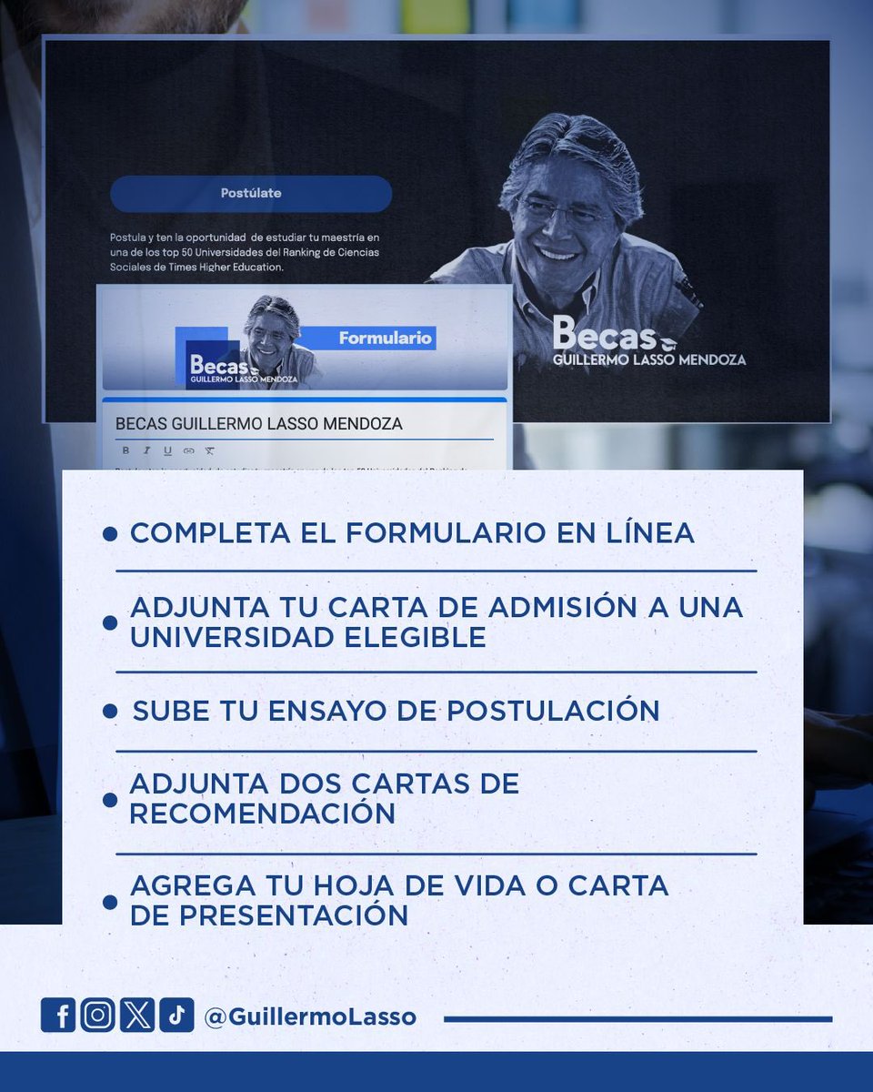 LassoGuillermo's tweet photo. ¿Cómo postular a las #BecasGuillermoLassoMendoza?

La convocatoria está abierta hasta el 28 de abril en https://t.co/TX2j0uIUMc. 🙌🇪🇨 https://t.co/p8PH0vIVT5
