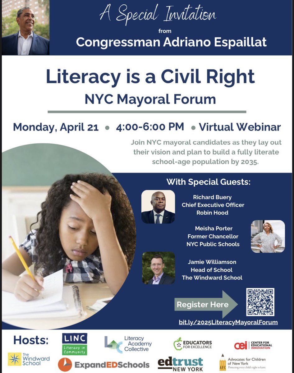 Join the Conversation: Literacy is a Civil Right Mayoral Forum

When: Monday, April 21st, 4-6 PM
Where: Zoom
(educators4excellence.zoom.us/webinar/regi...)
Join us as we spotlight literacy as a fundamental right and central issue in the upcoming NYC Mayoral Race!