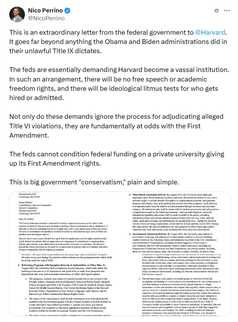 The Trump administration demands that Harvard not admit any international students who are hostile to "American values." Ironic, given that Trump and Stephen Miller are patently hostile to the American values of free speech, anti-monarchism, due process, and individual rights.
