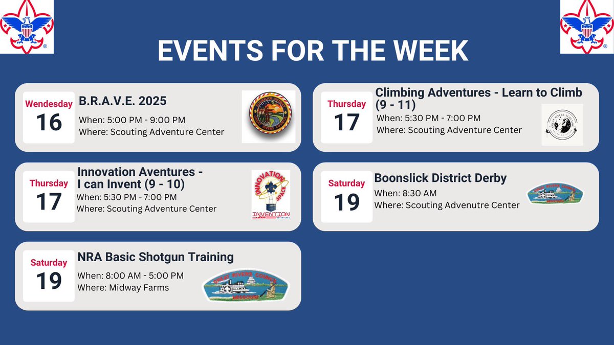 GRC_Scouting's tweet image. Upcoming events for April 14 - April 20. Make sure to check the website for more information!

greatriversscouting.org/calendar/