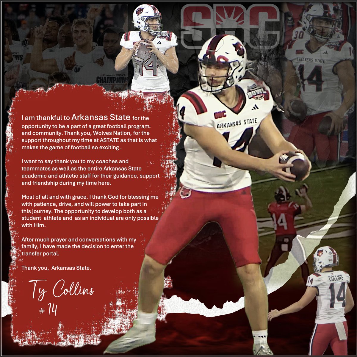 TyCollins2024's tweet image. I will be entering the transfer portal.
School: Arkansas State University
6'4" 215 QB
Redshirt Freshman
4 years of eligibility
Film link attached
youtu.be/PgyyToMD5t0?si…
@FCProspects_ @CollegeFBPortal @portalgems @247SportsPortal @TransferPortal_ @GunslingerBuzz @AStateNation…