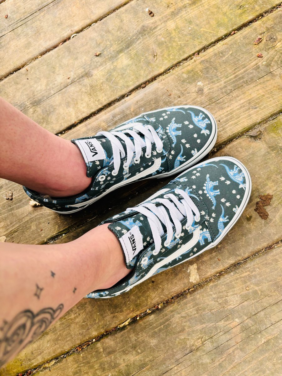 DeexScience's tweet photo. Dino shoes! 
Yeah I’m an adult with child sized feet and heart 😂 https://t.co/fVNf12JDZO