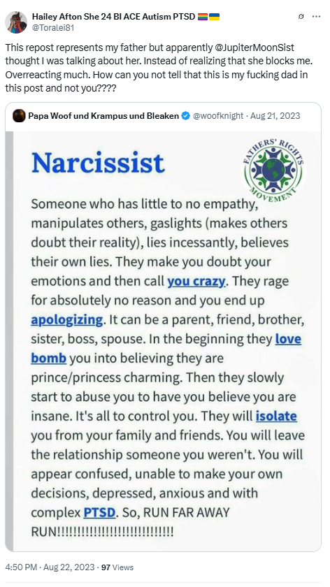 o_omongus's tweet photo. @Toralei81 covering up your abuse with your mental issues is ableism because you are masking your bad behavior with symptoms and thereby sabotaging people with the same mental issues giving them a new bad label.
And no one should have to tolerate the way you treat your ex https://t.co/sBFx1Pr14T