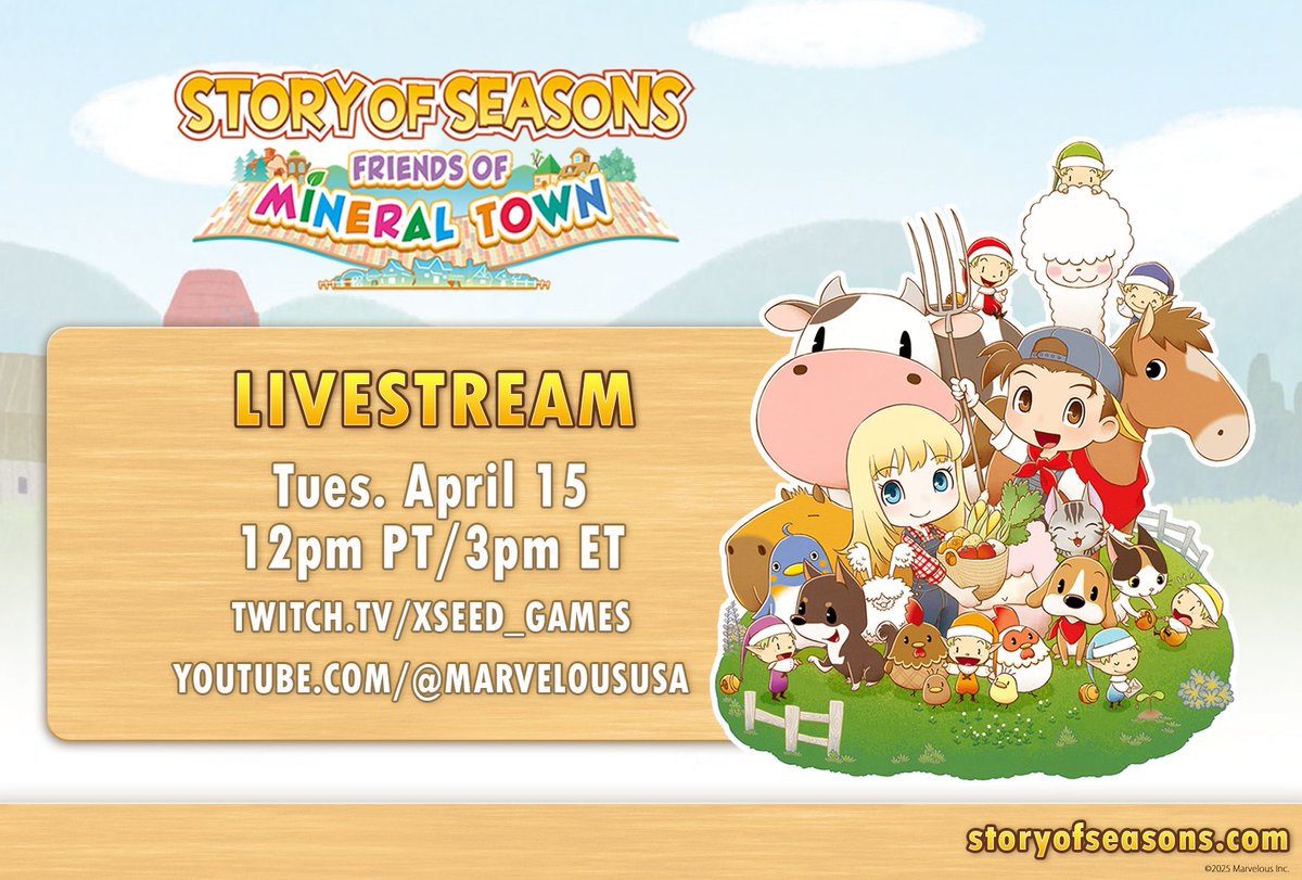 marveloususa's tweet photo. Tune in tomorrow as we continue our @storyofseasons: Friends of Mineral Town playthrough! Who should we romance this time? 💕🐮  

Stream starts tomorrow at 12pm PT/3pm ET:

▶️ Twitch: https://t.co/RnHrCasFxf
▶️ YouTube: https://t.co/JPwAHsSt3p https://t.co/rqtCbSPuvf
