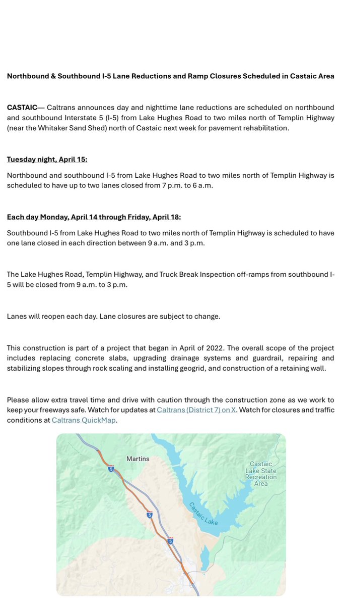 Northbound &amp; Southbound I-5 Lane Reductions and Ramp Closures Scheduled in Castaic Area