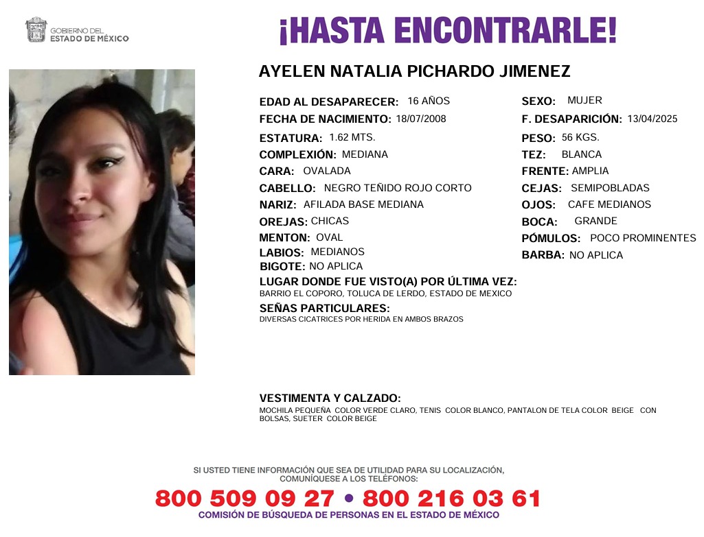 Solicitamos de tu apoyo en difusión para dar pronta localización a Ayelen Natalia Pichardo Jiménez, comunícate a los teléfonos de COBUPEM 800 216 0361, 800 509 0927. #TodosEnLaBúsqueda