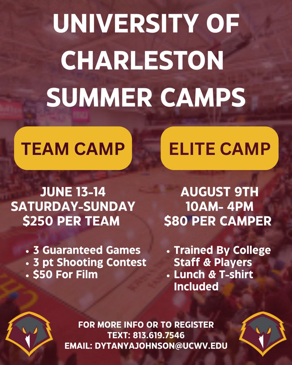 Get ready for a summer of hoops at the University of Charleston!

Join us for our Team Camp (June 13–14) and Elite Camp (August 9).
Whether you're competing with your squad or leveling up your individual game, we've got you covered!