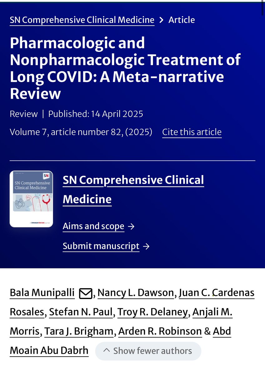 Juan Carlos Cardenas MD FACP (@drjuancarlosmd) on Twitter photo After 2 years in the making, we are thrilled to present the first meta-narrative review to thoroughly summarize the current
body of evidence on pharmacologic and nonpharmacologic treatment options for long COVID : link.springer.com/article/10.100⊠<a href="/MayoGIMFL/">Mayo Clinic GIM Florida</a> After 2 years in the making, we are thrilled to present the first meta-narrative review to thoroughly summarize the current
body of evidence on pharmacologic and nonpharmacologic treatment options for long COVID : link.springer.com/article/10.100⊠<a href="/MayoGIMFL/">Mayo Clinic GIM Florida</a>