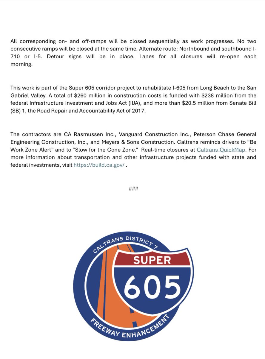 I-605 Lane &amp; Ramp Closures Scheduled from Cerritos to Irwindale