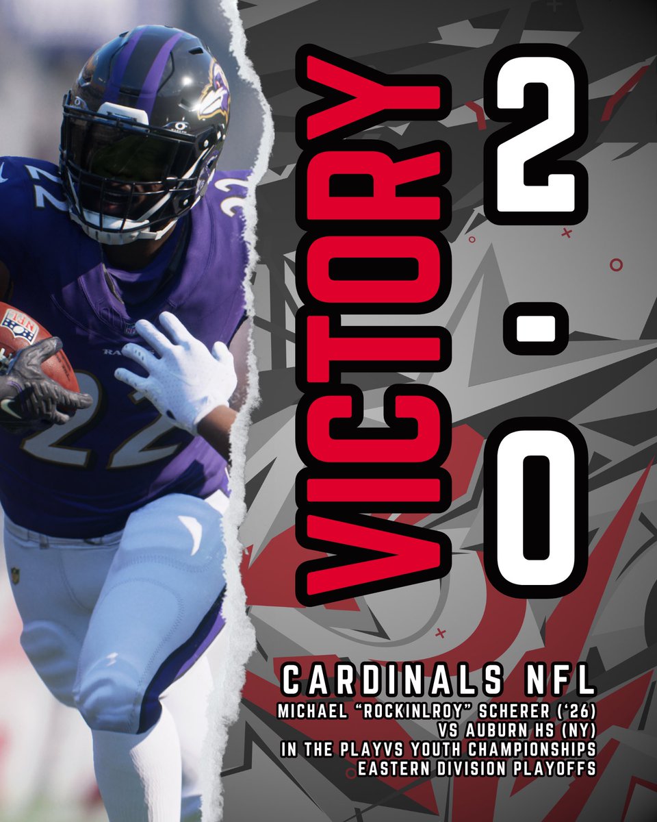 After receiving a bye in Round 1, Mikey "RockinLroy" Scherer ('26) representing Cardinals NFL sweeps his rematch against Auburn HS (NY)! #GoCards He will be continuing his run in the PlayVS Youth Championships by going up against the no. 1 seed from Windermere HS (FL) on Wed