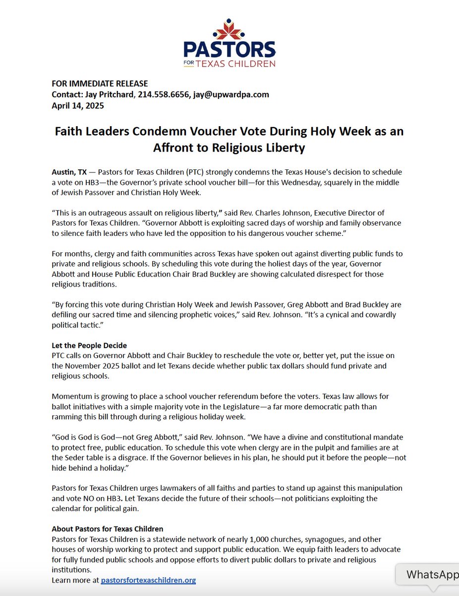 pastors4txkids's tweet image. Our press release condemning @GregAbbott_TX's outrageous assault on religious liberty by scheduling his voucher vote during the holiest season of the year for Christians and Jews. #txlege @dallasnews @HoustonChron @TexasTribune @scottbraddock @TexasObserver