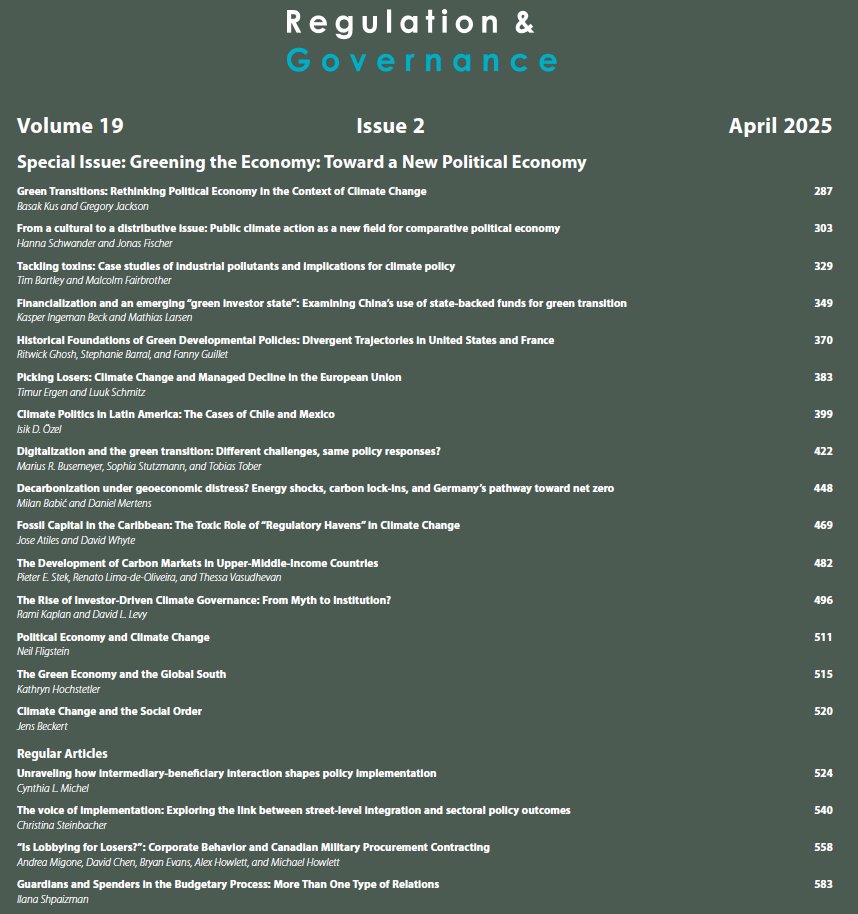 Regulation & Governance (@reggov_journal) on Twitter photo 📢A new issue of Regulation & Governance is now available online, featuring the Special Issue "Greening the Economy: Toward a New Political Economy" edited by Jackson & Kus 📢
Check out Issue 2 (Volume 19) here: bit.ly/3EgTClf #RegGov <a href="/WileyPolitics/">Wiley Politics & Policy</a> 📢A new issue of Regulation & Governance is now available online, featuring the Special Issue "Greening the Economy: Toward a New Political Economy" edited by Jackson & Kus 📢
Check out Issue 2 (Volume 19) here: bit.ly/3EgTClf #RegGov <a href="/WileyPolitics/">Wiley Politics & Policy</a>