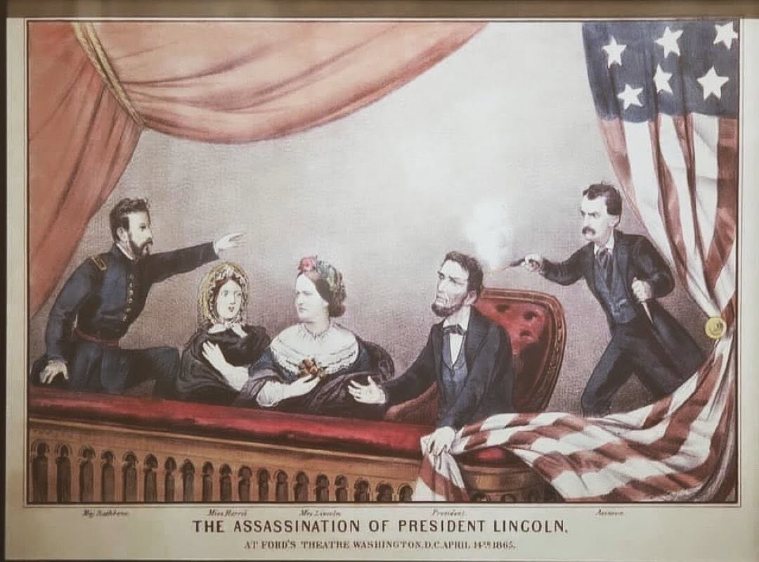 SpiritsTH's tweet photo. #OTD April 14, 1865: actor and younger brother of #EdwinBooth, #JohnWilkesBooth fired a single shot at point-blank range against the back of #PresidentLincoln’s head at @FordsTheatreNPS 

*print in my personal collection. https://t.co/xTBlOGsaUU