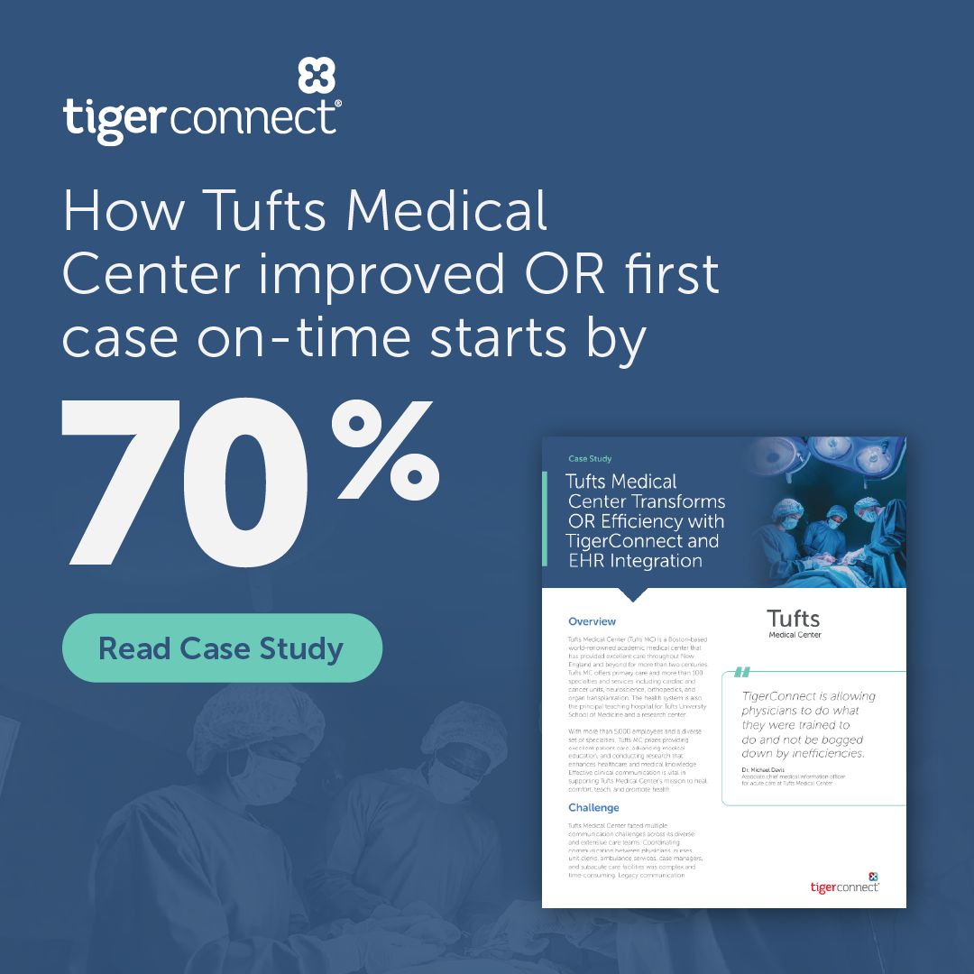 How Tufts Medical Center Revolutionized OR Efficiency with TigerConnect

Outdated systems and fragmented communication were slowing down operations at Tufts Medical Center.

By adopting TigerConnect and integrating it with Epic EHR, Tufts Medical Center achieved:
🔹70% increase