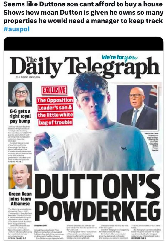 anonymous_julie's tweet image. Who thought using his son with fake 'I can't afford a house' would be a good thing. 

That he might have to borrow from vast 'family trusts' totally detached from reality.

Now it's gloves-off for his son's misdemeanour. 
TXNX Dad.  #DesperateDutton

#DudDutton
#DudDad