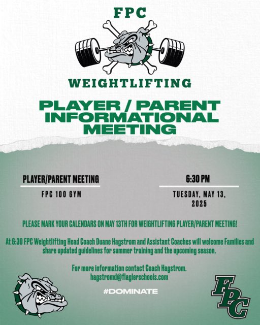 We will be having a player/parent informational meeting on Tuesday, May 13 at 6:30 pm in the 100 gym for all current and prospective lifters for the 2025/2026 season. Please spread the word to anyone who may be interested. #showup #putinthework #trusttheprocess #DOMINATE