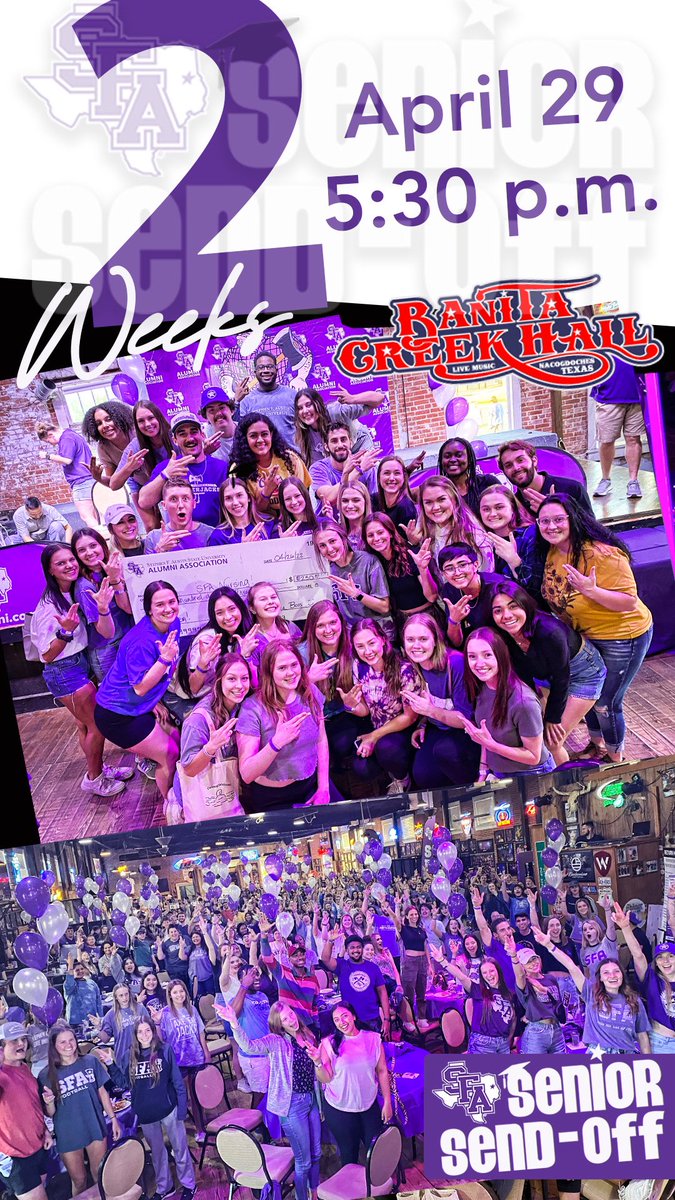 SFA Alumni (@sfa_alumni) on Twitter photo Save the date!
Senior Send-Off at <a href="/BanitaCrkHall/">Banita Creek Hall</a> is coming on April 29!
More to come soon. Save the date!
Senior Send-Off at <a href="/BanitaCrkHall/">Banita Creek Hall</a> is coming on April 29!
More to come soon.