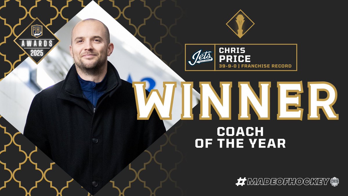 ThePJHL's tweet photo. Leader. Mentor. Difference-maker.
Congratulations to Chris Price of the @ChilliwackJets on being named the PJHL Coach of the Year!

In just his second season behind the bench, Price guided the Jets to a standout year — setting a strong team culture, developing young talent, and keeping Chilliwack competitive night in and night out.

His passion, preparation, and commitment to the game made a clear impact both on the ice and in the locker room, earning the respect of players, staff, and fans across the league.

Well-deserved recognition for a coach who’s building something special in Chilliwack.

#PJHL #CoachOfTheYear #ChrisPrice #ChilliwackJets #PJHLAwards #Leadership #HockeyCulture #JuniorHockey #BuiltNotBought