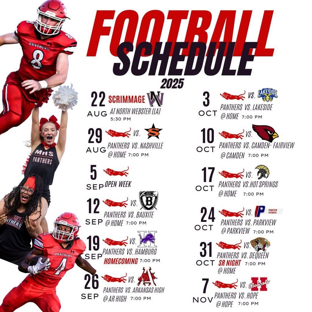 Magnolia_SD's tweet image. 🐾❤️🏈 2025 Magnolia Panther Football Schedule🐾❤️ 🏈
Mark those calendars and make plans to fill up Panther Stadium on Friday nights as we cheer on our athletes to victory!  🏆 #itsagreatdaytobeapanther #FastPhysicalFearless #ChampionshipScholarshipGraduate