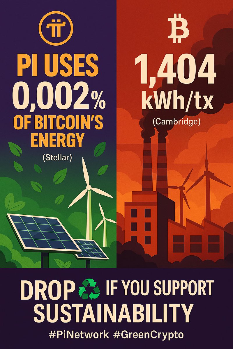 Tanner5252's tweet photo. 🌱 Pi vs. Bitcoin: The Green Crypto Showdown

Did you know?
Pi Network uses just 0.00003 kWh/tx — that’s 0.002% of Bitcoin’s energy!
While Bitcoin burns 1,404 kWh/tx, Pi leads with a cleaner, scalable model.

♻️ Drop a recycle emoji if you support sustainable crypto.
Let’s build a greener Web3 future — together.

#PiNetwork #GreenCrypto #EcoBlockchain