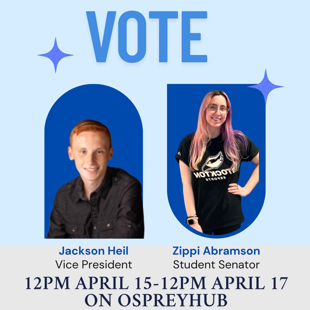 Hi Ospreys! Two of our leadership members are running for Stockton Student Senate! Make sure to vote for Jackson for VP and Zippi for Senator on OspreyHub starting Tuesday at noon - Thursday at noon!