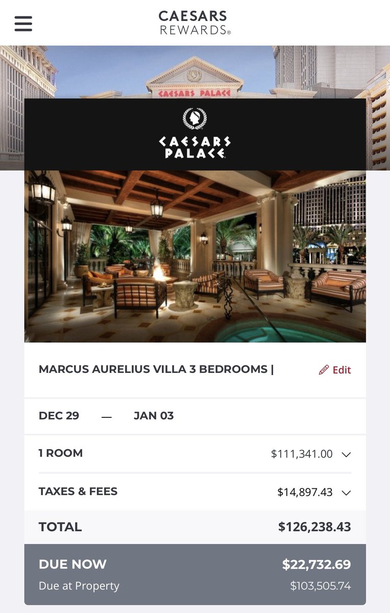 lennymcgarvey's tweet photo. Looking ahead for New Years in Las Vegas. @CaesarsPalace still has the Marcus Aurelius Villa available. Got to think about this one. @CaesarsRewards #SevenStar https://t.co/m9OYHYljSq