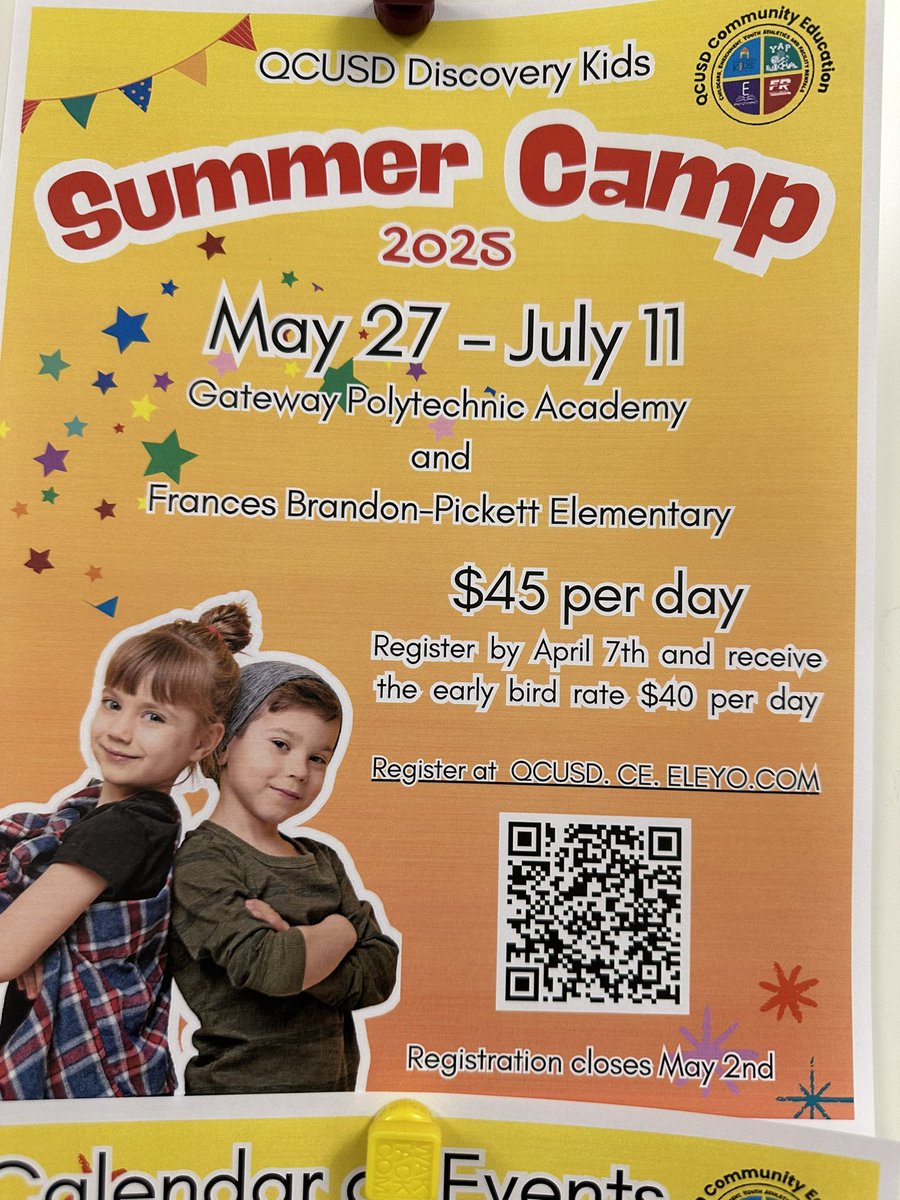 CommEdQCUSD's tweet photo. Discovery Kids summer camp is now open for enrollment! You have until May 2nd! Make sure to got to Eleyo to enroll today. #qcleads @qcusd95 https://t.co/ypqwedAcFd