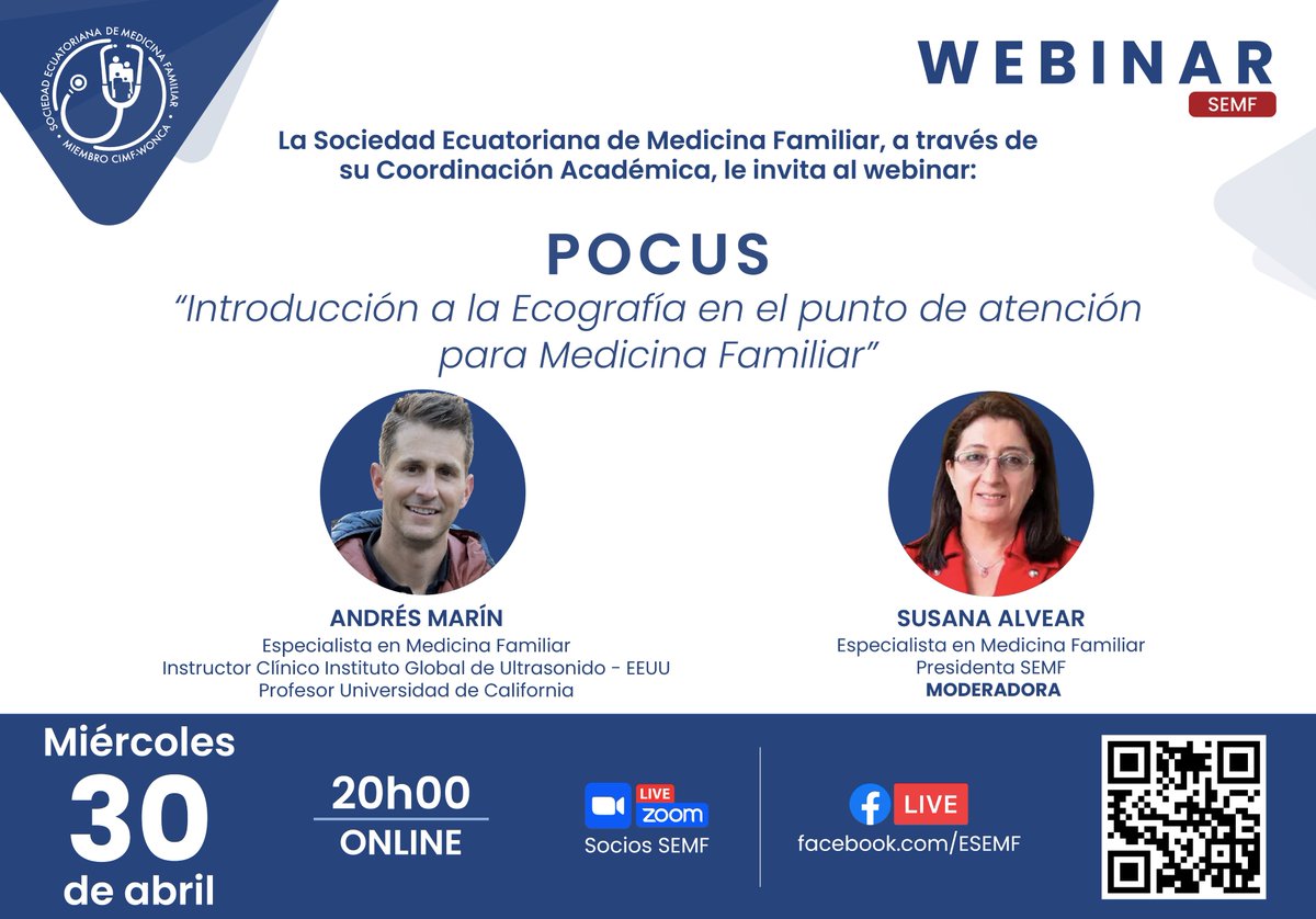 Nos complace invitarles al webinar

POCUS: "Introducción a la Ecografía en el punto de atención para Medicina Familiar" 📚💡.

📅 Fecha: miércoles 30 de abril
🕜 Hora: 20h00

👉 Inscríbete ahora en: us06web.zoom.us/meeting/regist…

¡Les esperamos! 😊