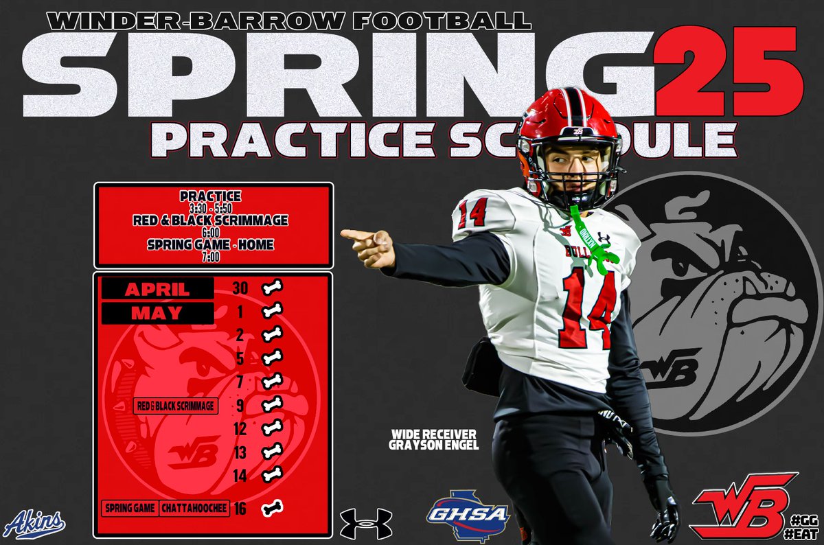 Spring Break is Over...

Spring Football is upon us!

Practice Schedule

May 9th
Red-Black Scrimmage

May 16th
Spring Game vs Chattahoochee

#Doggs

#GG 
#EAT
