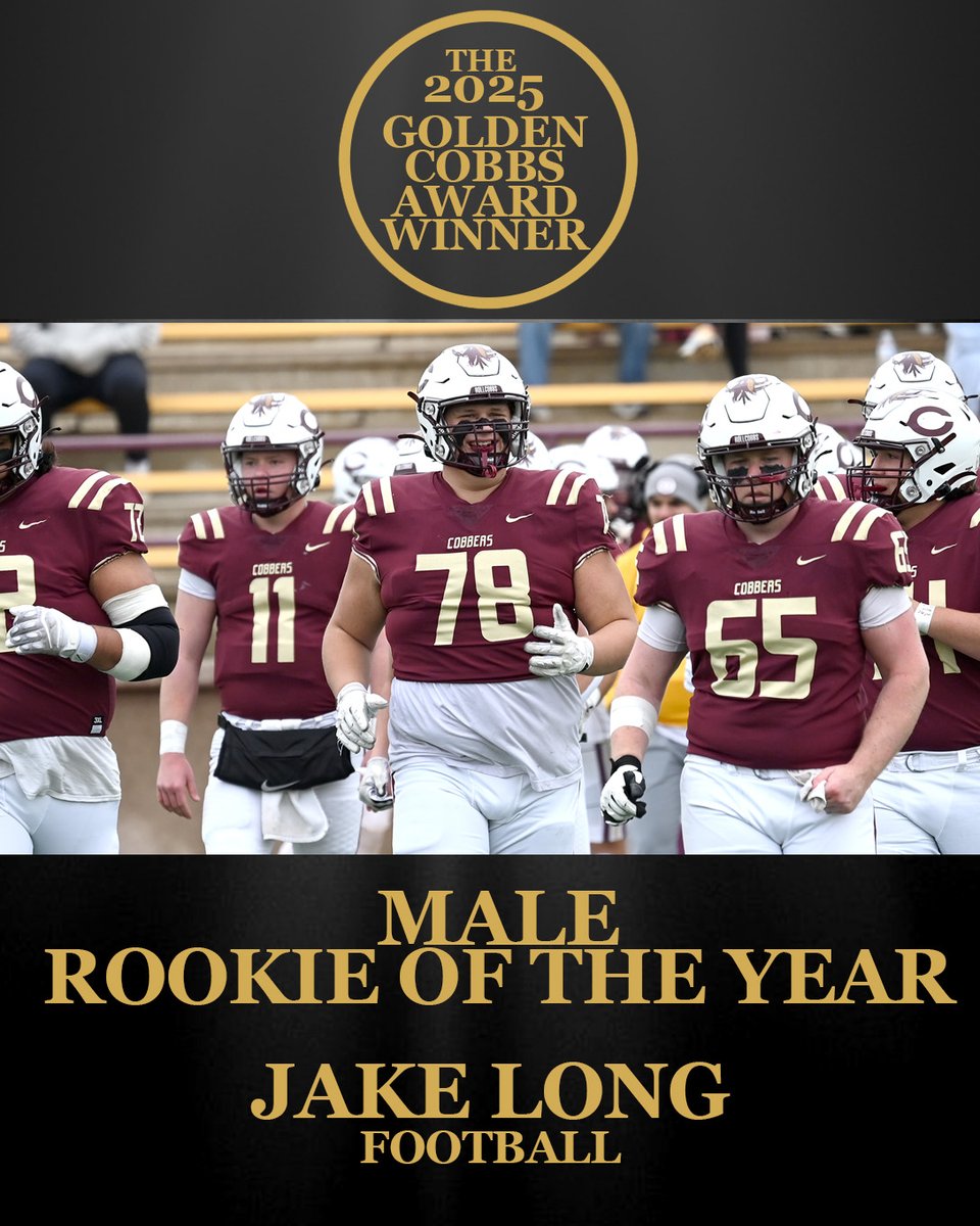 The #GoldenCobbs Male Rookie of the Year is Jake Long! An offensive lineman from Westfield, WI, Long started all ten games and was named MIAC Rookie of the Year. Roll Cobbs!