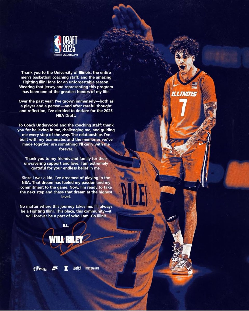 Rich Flanagan (@richflanagan33) on Twitter photo ICYMI <a href="/IlliniMBB/">Illinois Men's Basketball</a> freshman <a href="/WillRiley_7/">Will Riley</a> has declared for the 2025 #NBADraft. The 6-8 wing was the <a href="/B1GMBBall/">Big Ten Men's Basketball</a> Sixth Man of the Year after avg. 12.6 ppg & 4.1 rpg, made 47 👌s this season. Had 22 double-digit scorinf games. Starred at <a href="/phelpshoops/">Phelps School Basketball</a>, scored 1,471 career points ICYMI <a href="/IlliniMBB/">Illinois Men's Basketball</a> freshman <a href="/WillRiley_7/">Will Riley</a> has declared for the 2025 #NBADraft. The 6-8 wing was the <a href="/B1GMBBall/">Big Ten Men's Basketball</a> Sixth Man of the Year after avg. 12.6 ppg & 4.1 rpg, made 47 👌s this season. Had 22 double-digit scorinf games. Starred at <a href="/phelpshoops/">Phelps School Basketball</a>, scored 1,471 career points