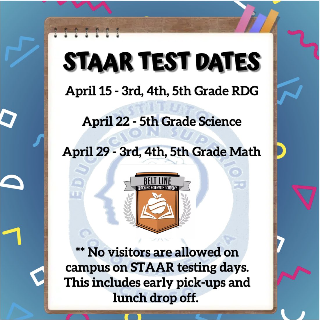 Attention BLE Families‼️Reminder: Campus will be closed to all visitors during state testing. 📣